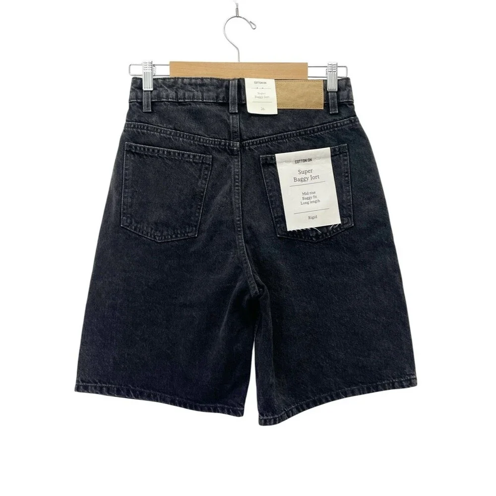 NWT Cotton On Super Baggy Jort Size 26 Black Denim Shorts Mid Rise Long Baggy